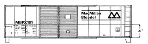 HO Decal MACMILLAN BLOEDEL 40' double door box-red and white, circa 1972 - 10'6" car