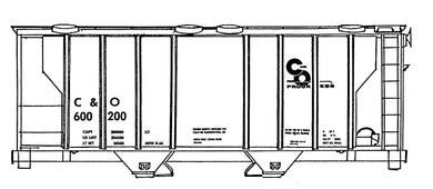 HO Decal C&O two-bay covered hopper - 2700 cu.ft. - circa 1966 #600200-600299