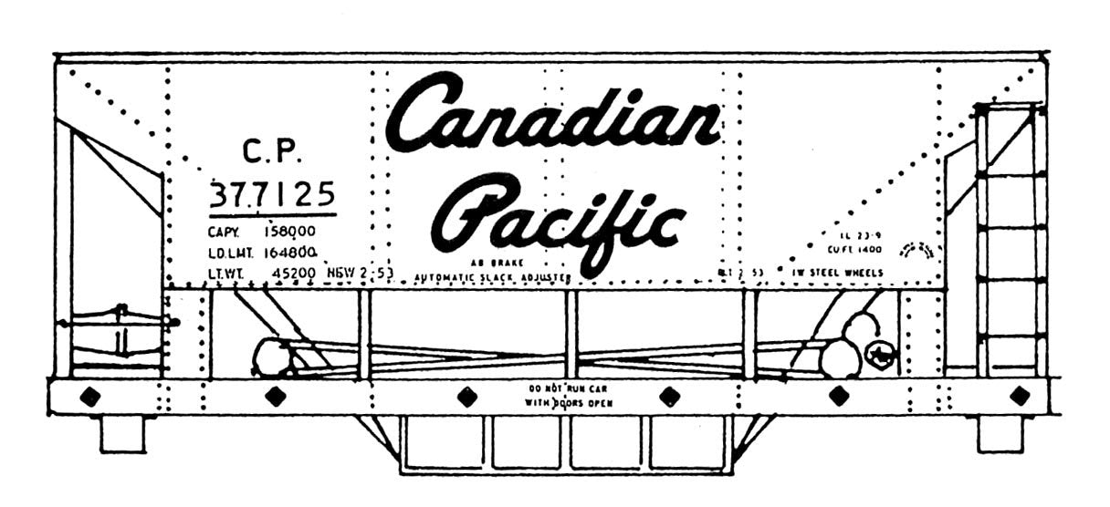 HO Decal CP 1400 cu.ft. ore car - script lettering - circa 1958 #377100-377249 -